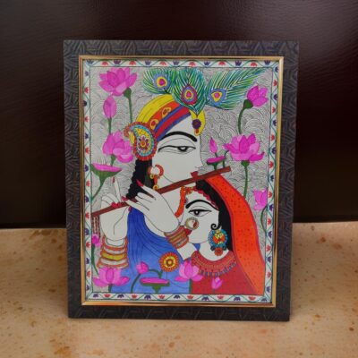 Divine Rhythms – Madhubani Radha Krishna Flute Canvas Unframed 12 Inch by 10 Inch