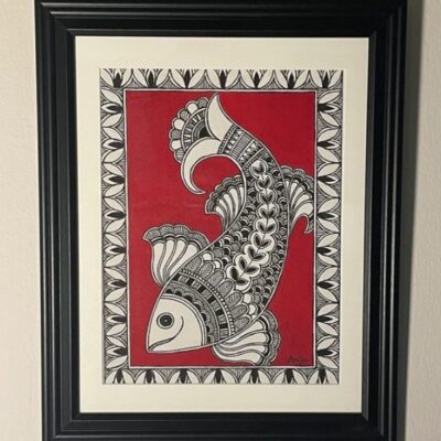 Sacred Flow – Madhubani Fish Canvas Painting (12x10 inch, Unframed)