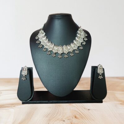 Moonlit Grace: Premium Silver Polished Necklace & Earring Set – Handcrafted Ethnic Jewellery by Kala Karigari