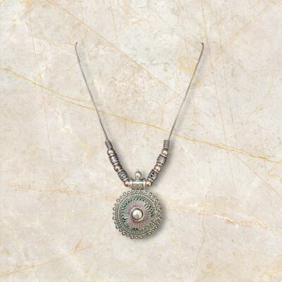 Vintage Glow Oxidised Silver Round Pendant Necklace – Handmade Tribal Jewellery for Women