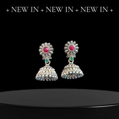 Blush Bloom Oxidised Pink Stone Jhumkis