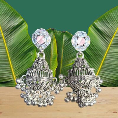 Celestial Hues Oxidised Half Circle Jhumki (Sky Blue & Pink)