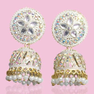 Ethereal White Stone Oxidised Big Jhumki by Kala Karigari