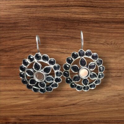 Vintage Bloom Oxidised Hook Earrings with Black Stone by Kala Karigari